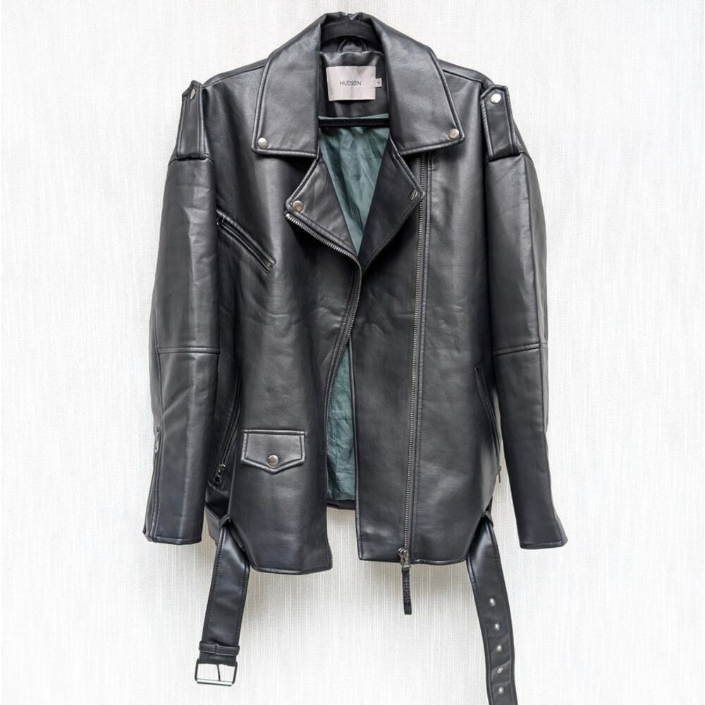 Hudson Jacket Womens M Black Oversized Vegan Leather Moto Biker Full Zip - Picture 2 of 10